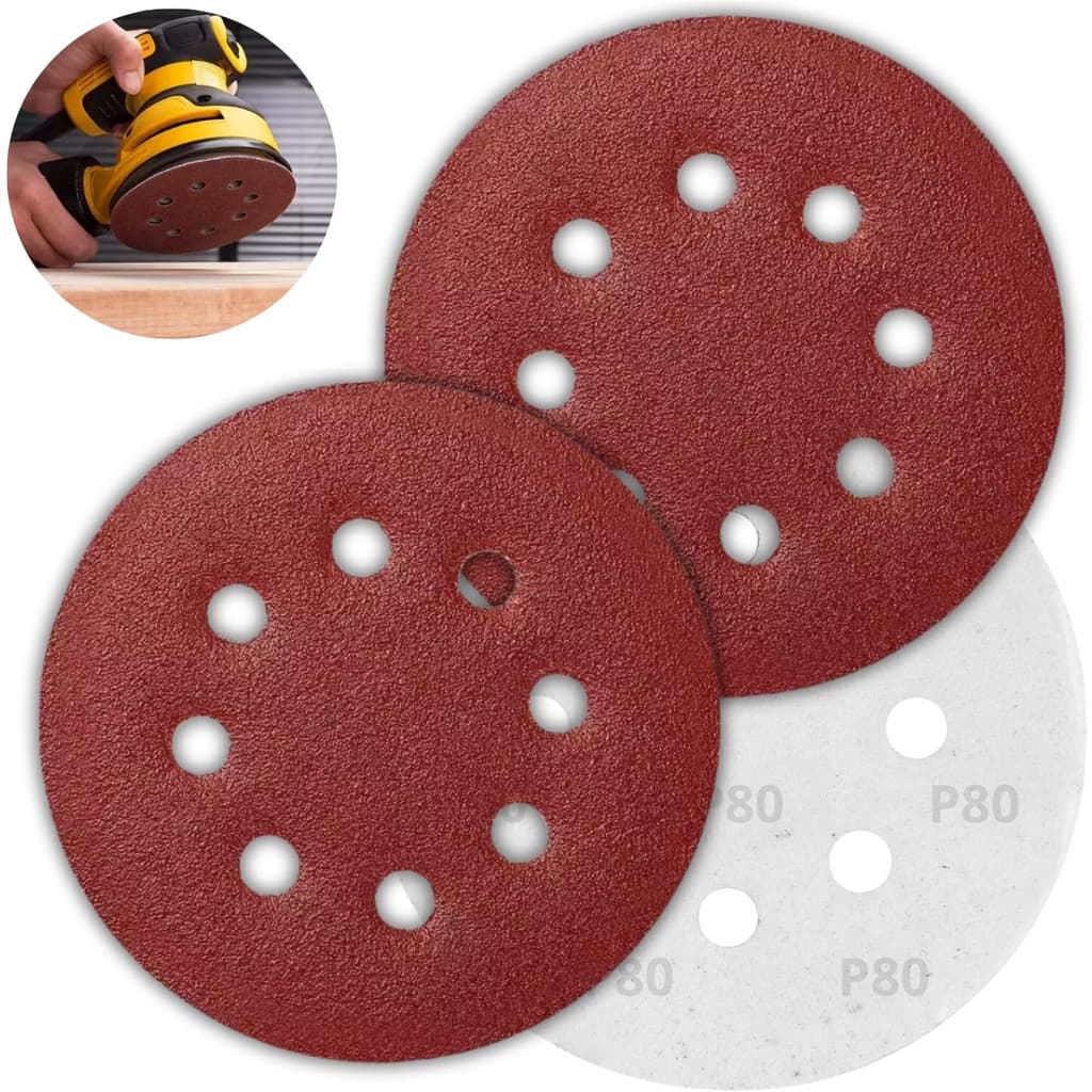 Kit 2 Discos de Lixa Aderente com Furo 125mm Grão 80 Lixa Disco de Velcro Desbaste Médio Lixadeira Orbital Casa