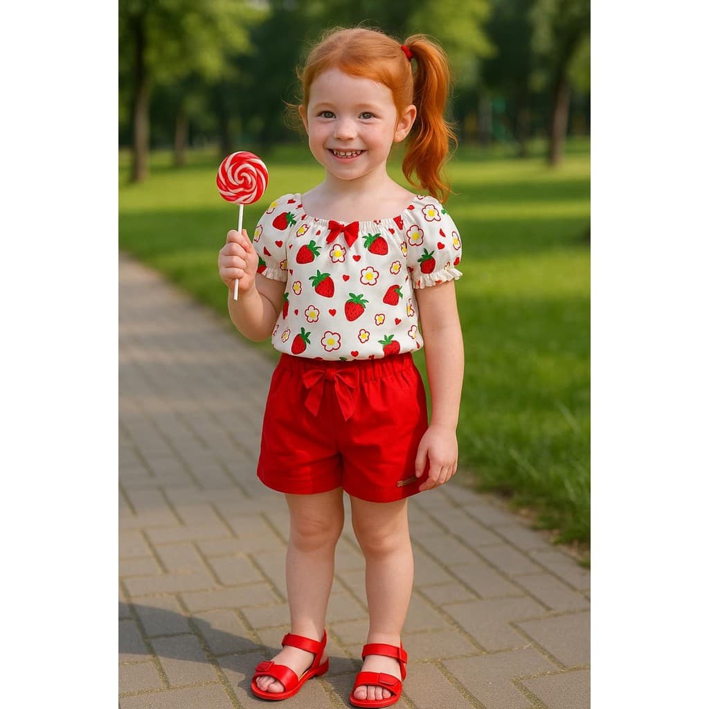 Conjunto Infantil Moranguinho Menina Cropped Short 100% Algodão Lançamento 2025 Moda Verão