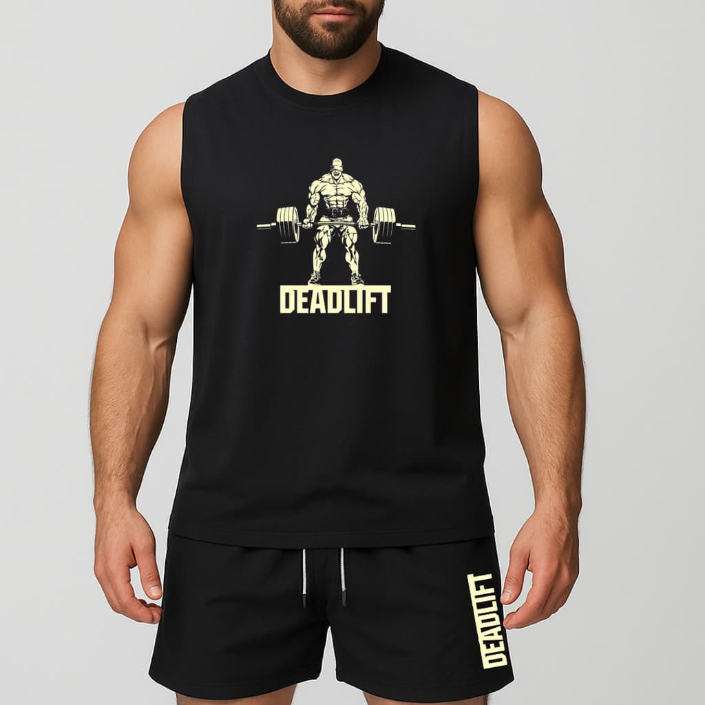 conjunto regata oversized e short de tactel de academia másculino estampada deadlift treino