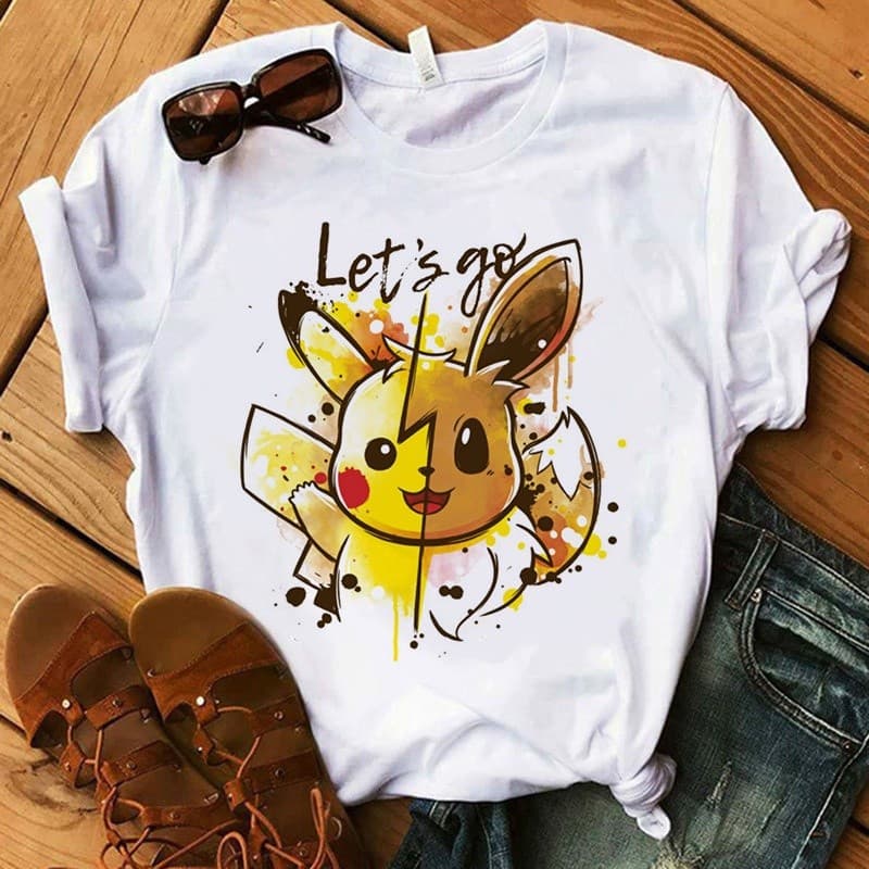 Camiseta algodão Pokemon Manga Curta Camiseta Impressa Feminina Casual Gráfico Roupas Femininas Camisa