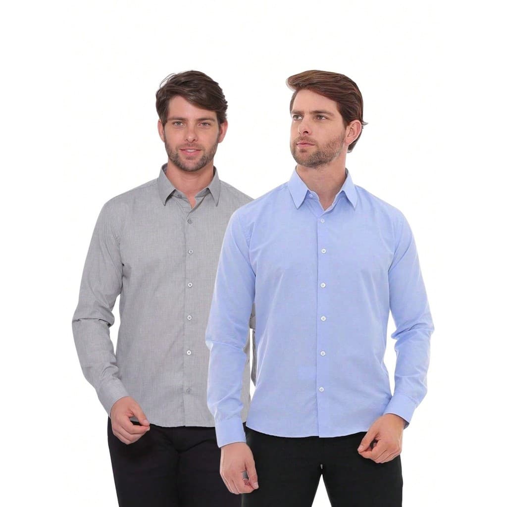 KIT Masculino 2 Peças - Camisa Social Masculina Premium Tipo Linho Smoke e Camisa Social Slim Manga Longa Azul Bebê