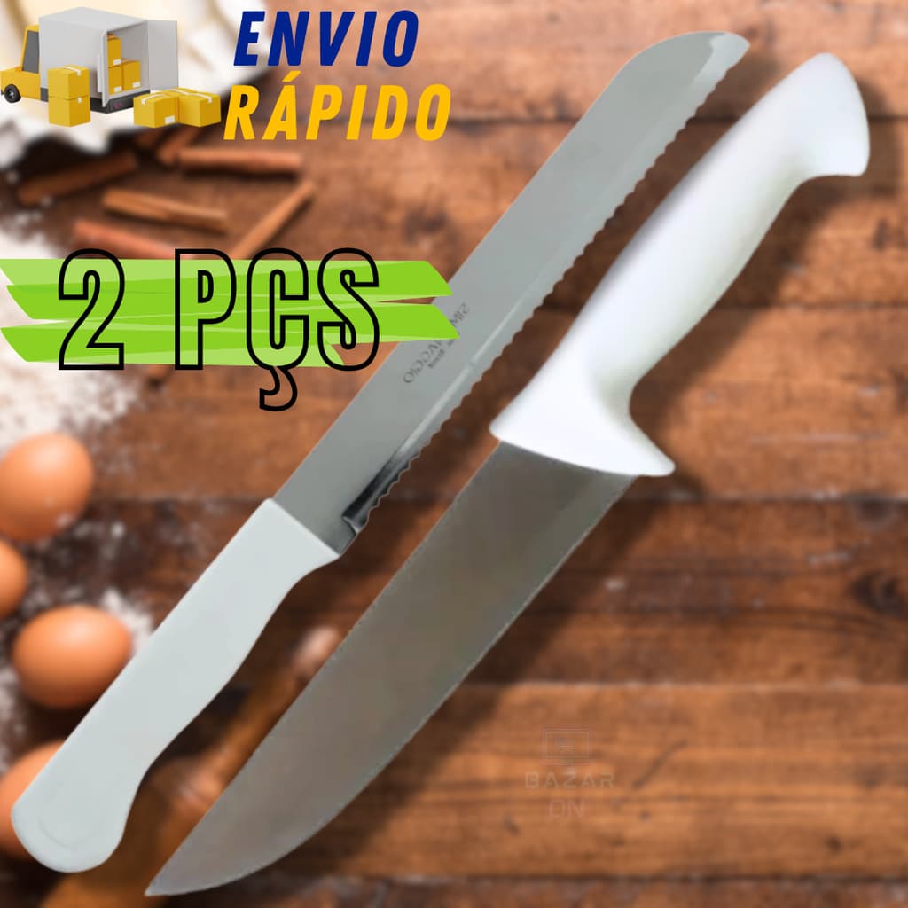 Kit Jogo 2 Peças Faca Peixeira Churrasco + Faca Para Pão Serra Grande Cabo Branco Aço Inox Completo
