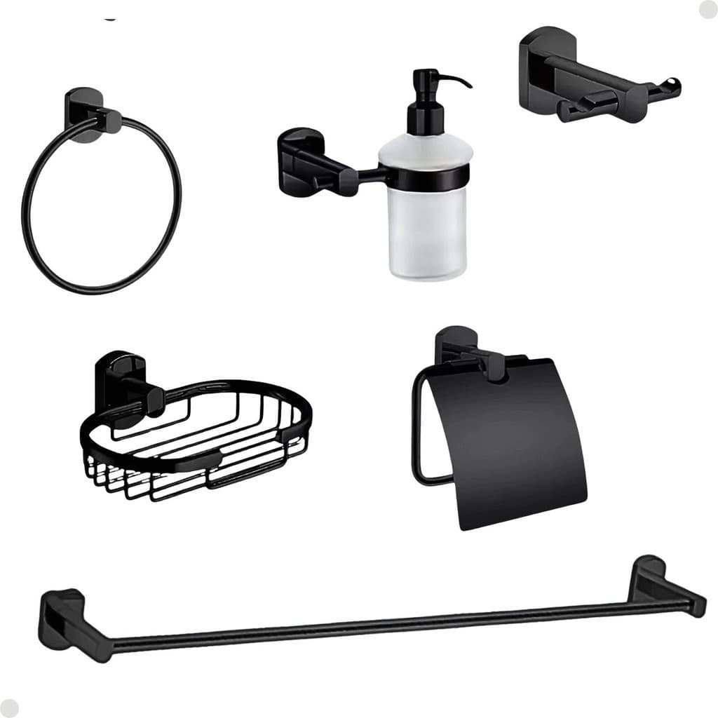 KIT ACESSORIOS PARA BANHEIRO REDONDO METAL PRETO FOSCO 6 PEÇAS