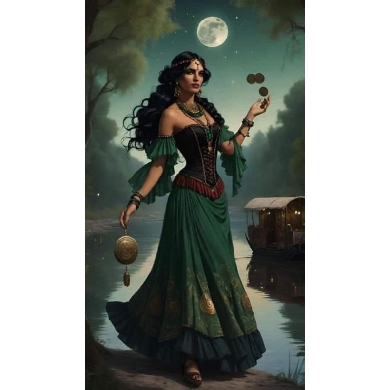 QUADRO DECORATIVO PLACA MDF-CIGANA ESMERALDA  NO LADO JOGANDO AS MOEDAS PARA CIMA