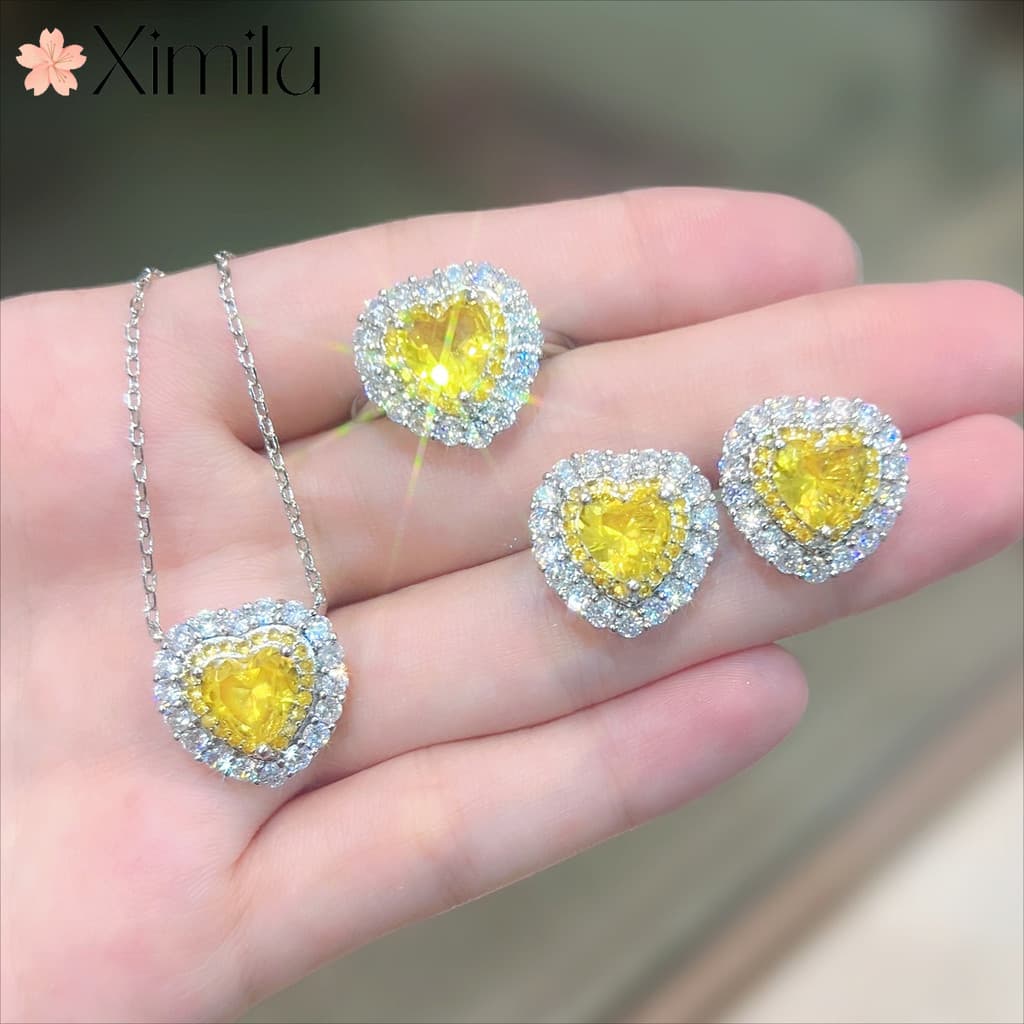❤ Venda quente Conjunto de joias brilhantes em formato de coração Brincos de diamante completos Feminino Anel de amor ro