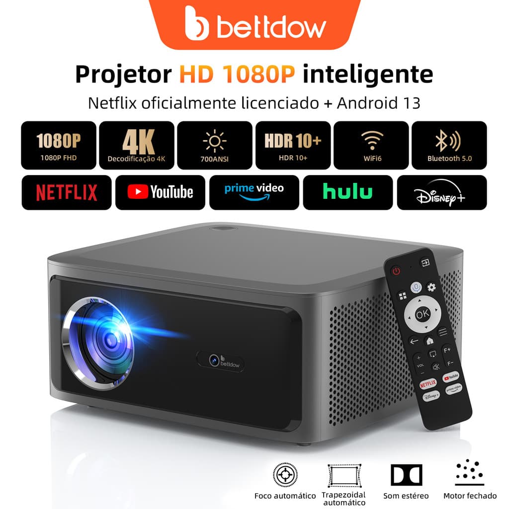 Projetor Fechado BETTDOW Netflix Com Resolução 4K 1080P , 700 ANSI , Foco Automático , Wi-Fi 6 , Bluetooth 5.0