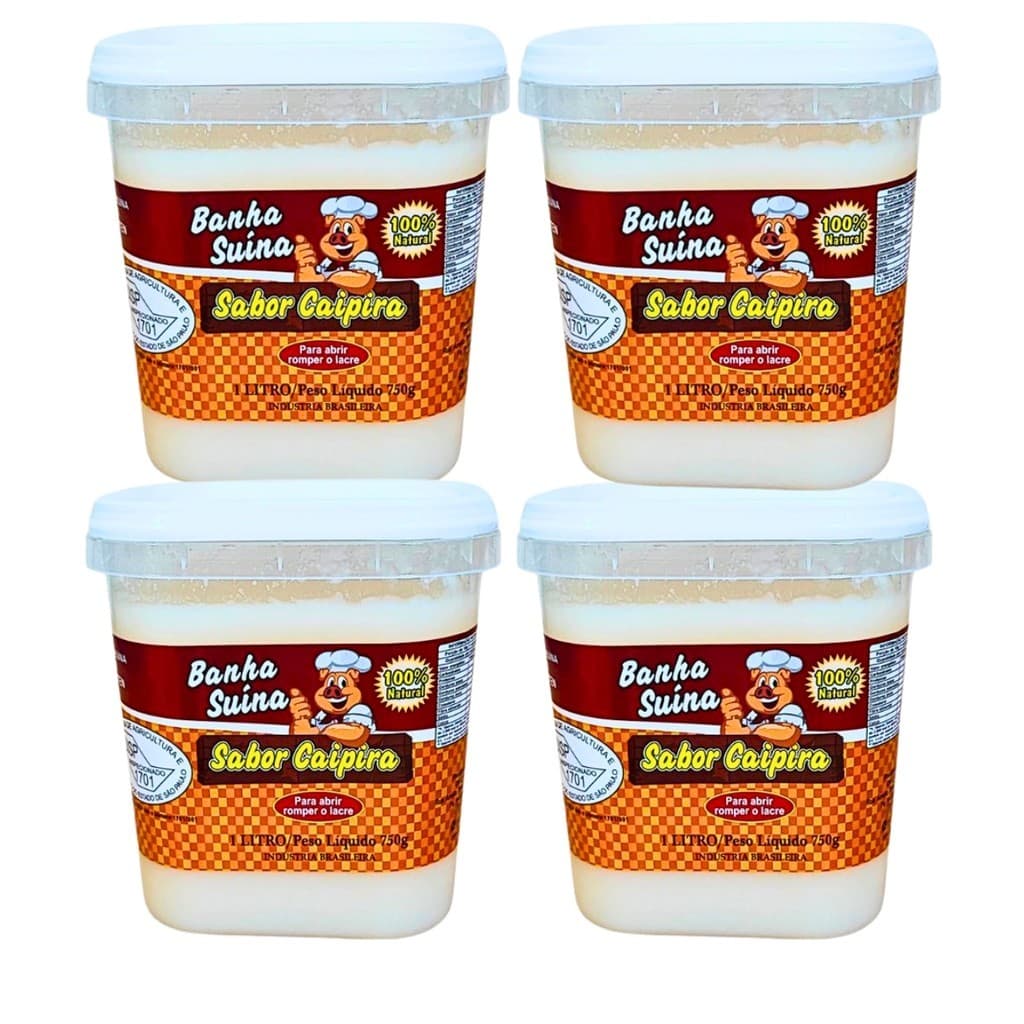 KIT Banha Suína 4 Pote  1 litros cada  100% Natural Gordura De Porco Caipira