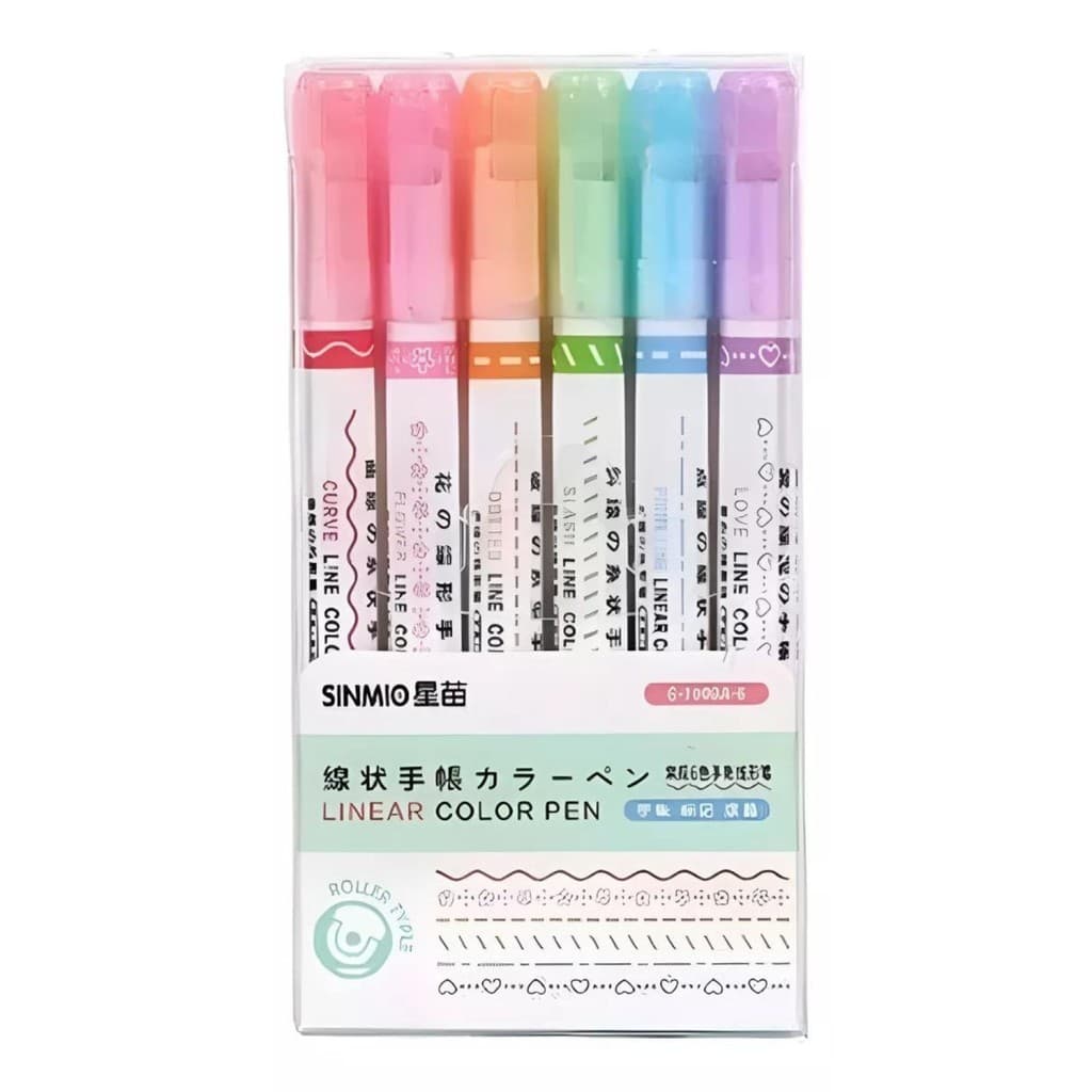 6 Canetas Carimbo Roller Stamp Desenho Criativo Coloridos Marca Texto