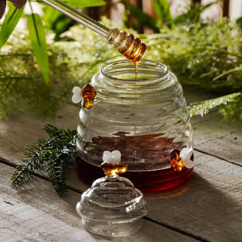 Meleira Portal Mel Lyor de Vidro Borossilicato 470ml com Tampa e Pegador Colméia Bee Abelha Abelhas Abelhinha Fofura Mesa Posta Requintada Fofa Transparente