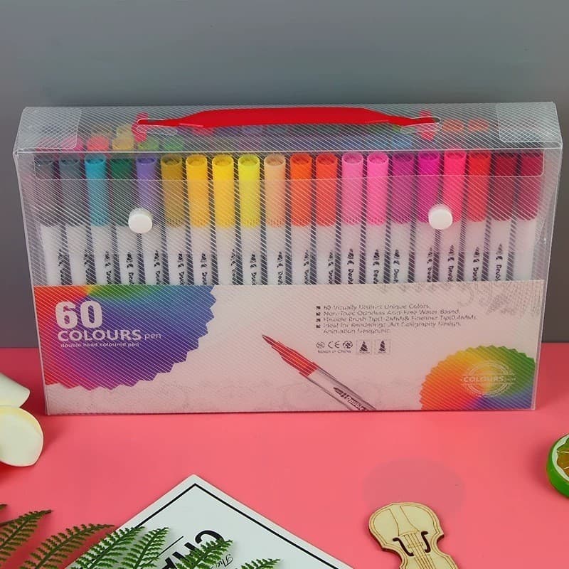 Kit 60 Canetas Brush Lettering Duas Pontas Ponta Pincel e Fina Coloridas para Desenho Pintura Caligrafia Bullet Journal