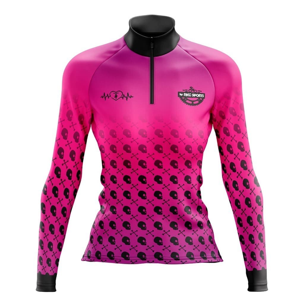 CAMISA CICLISMO FEMININA MOUNTAIN BIKE MANGA LONGA PROTEÇÃO UV RKC SPORTS CAVEIRA ROSA