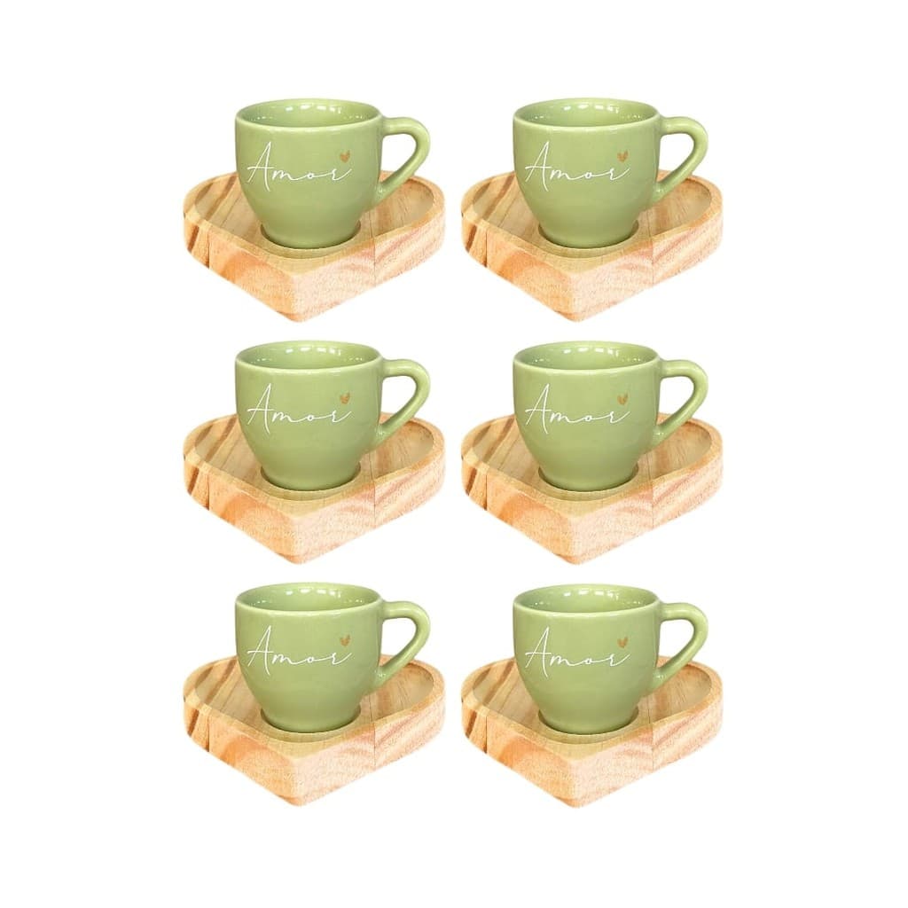 Kit 6 Xícaras Paris Café 75ml Verde Amor Com Pires De Coração