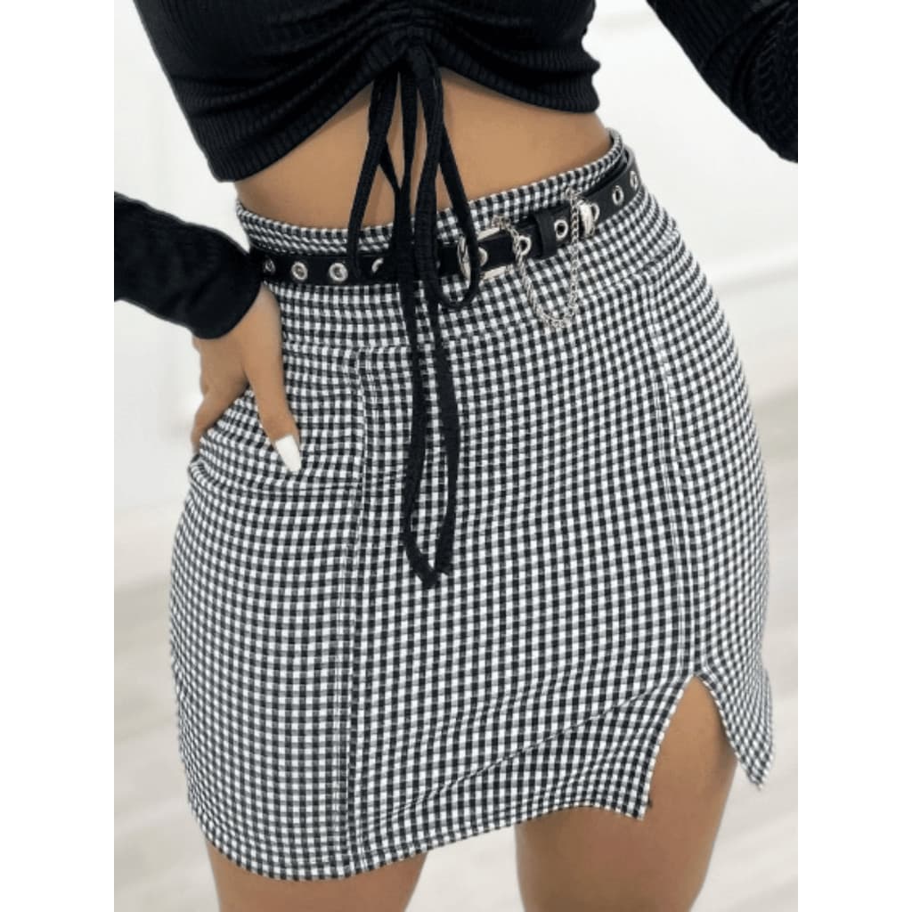 Mini Saia Quadriculada Xadrez Com Fenda Lateral Tendencia Balada