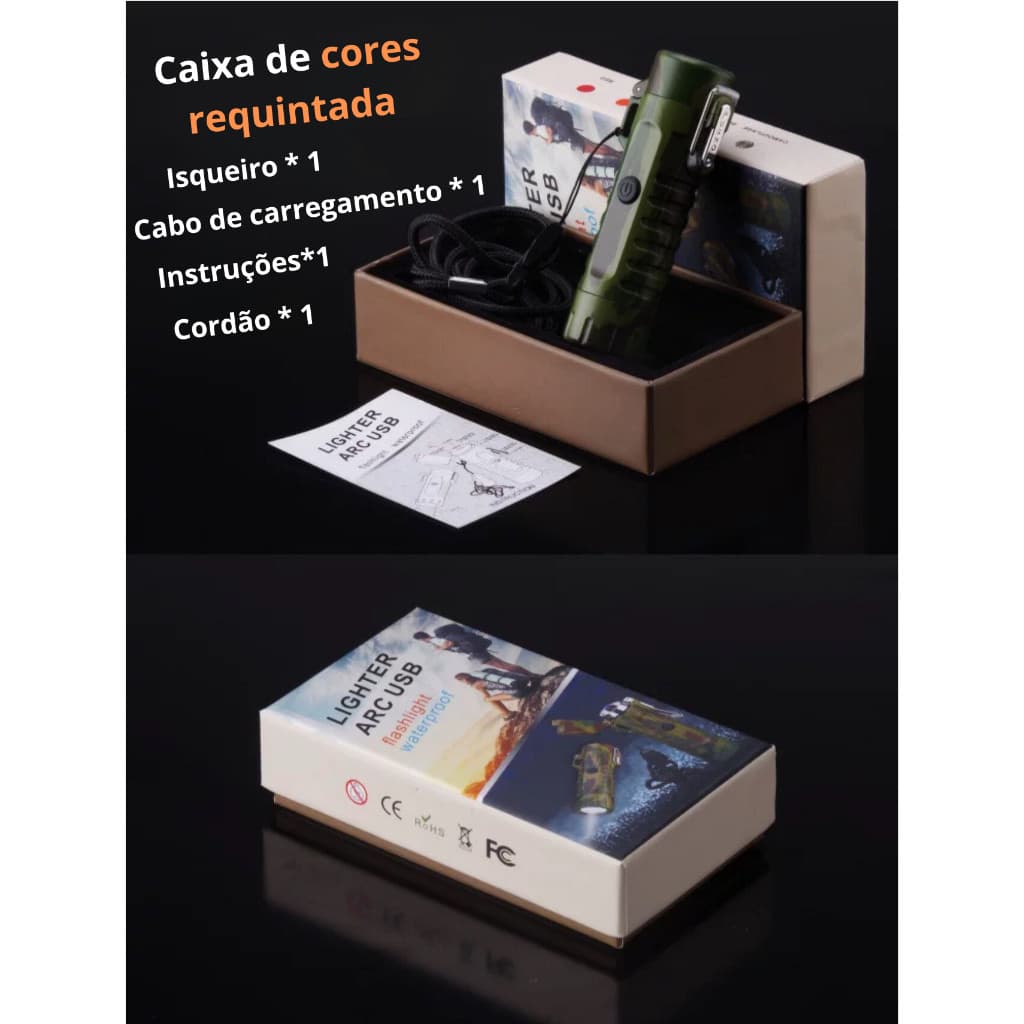 Isqueiro Eletrônico USB Plasma com Bússola e Lanterna Multifuncional à Prova d'Água