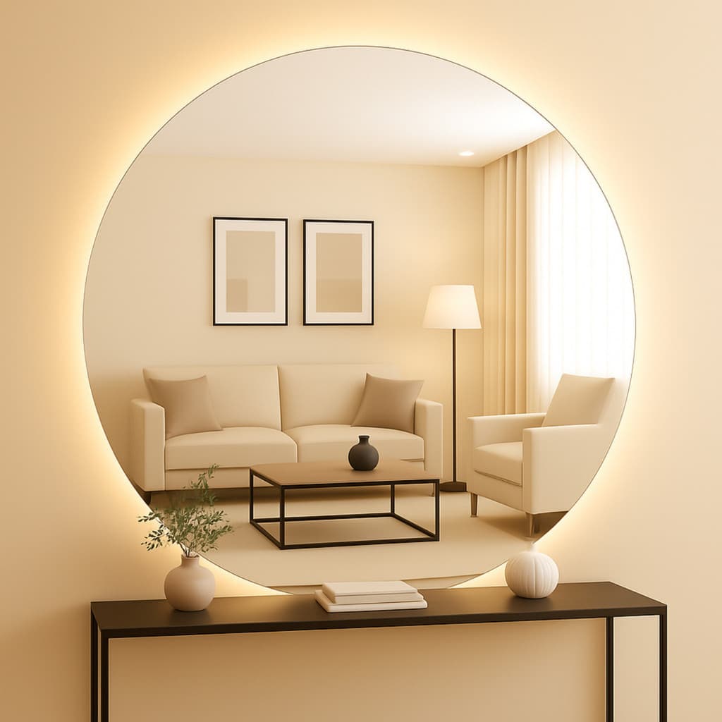 Espelho Redondo Lapidado 40x40 Led 3 Cores Luz Indireta Decorativo Luxo