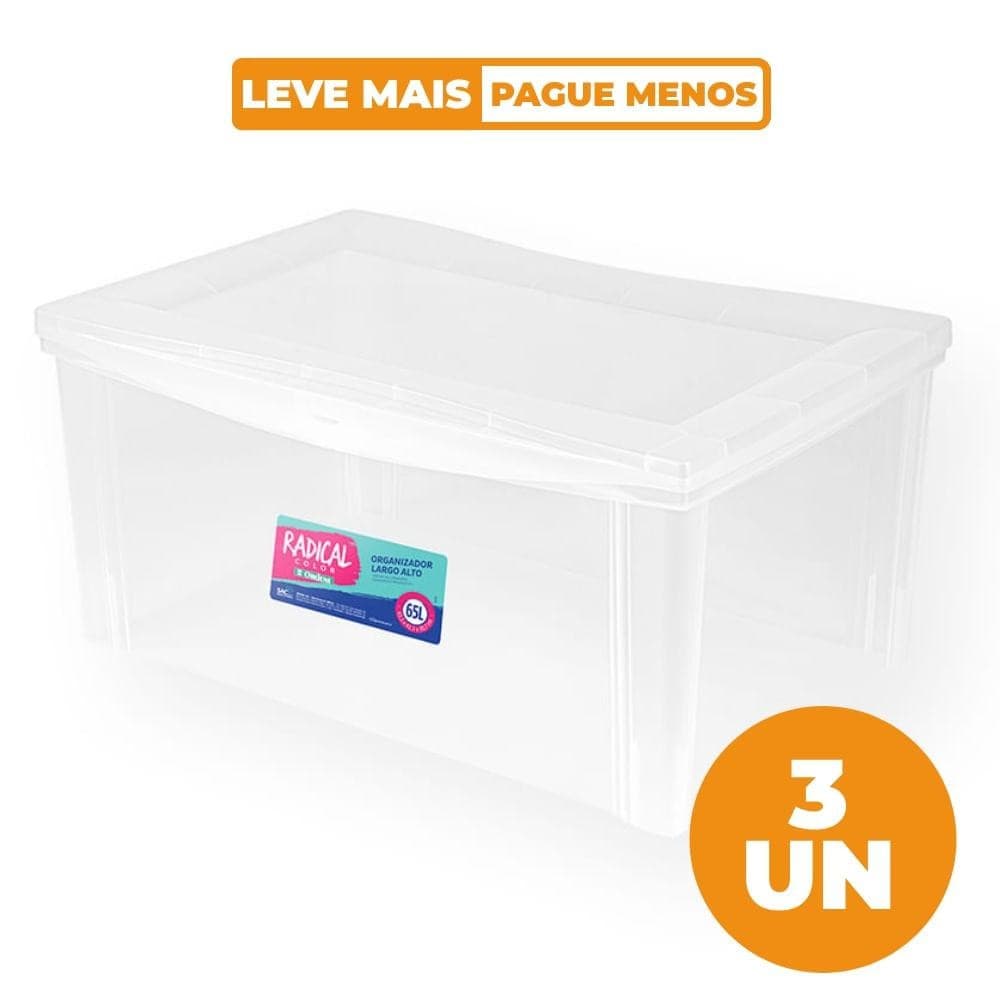 Kit 3 Caixas Organizadoras Alta Cristal 65L Radical Color Ordene