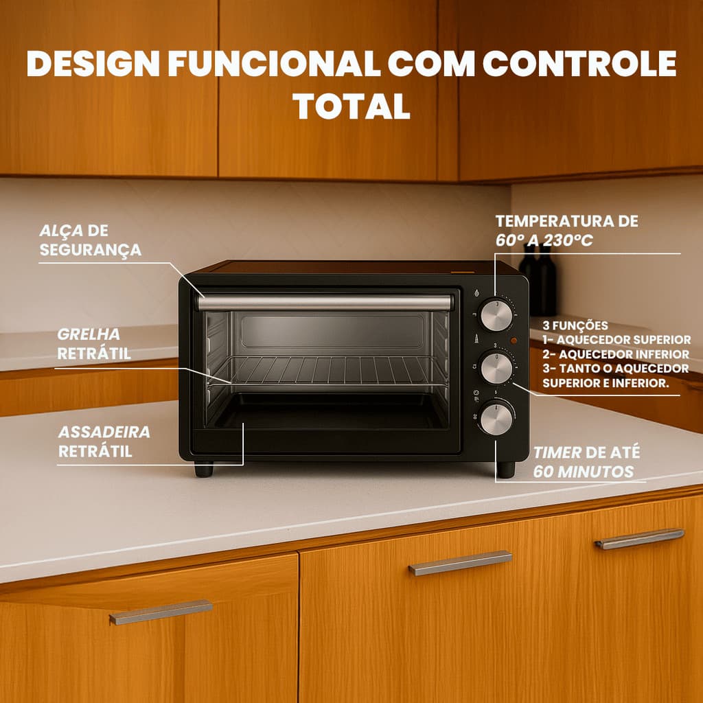 Forno de Mesa  1400W Compacto com Temporizador e Termostato Ajustável 21 Litros