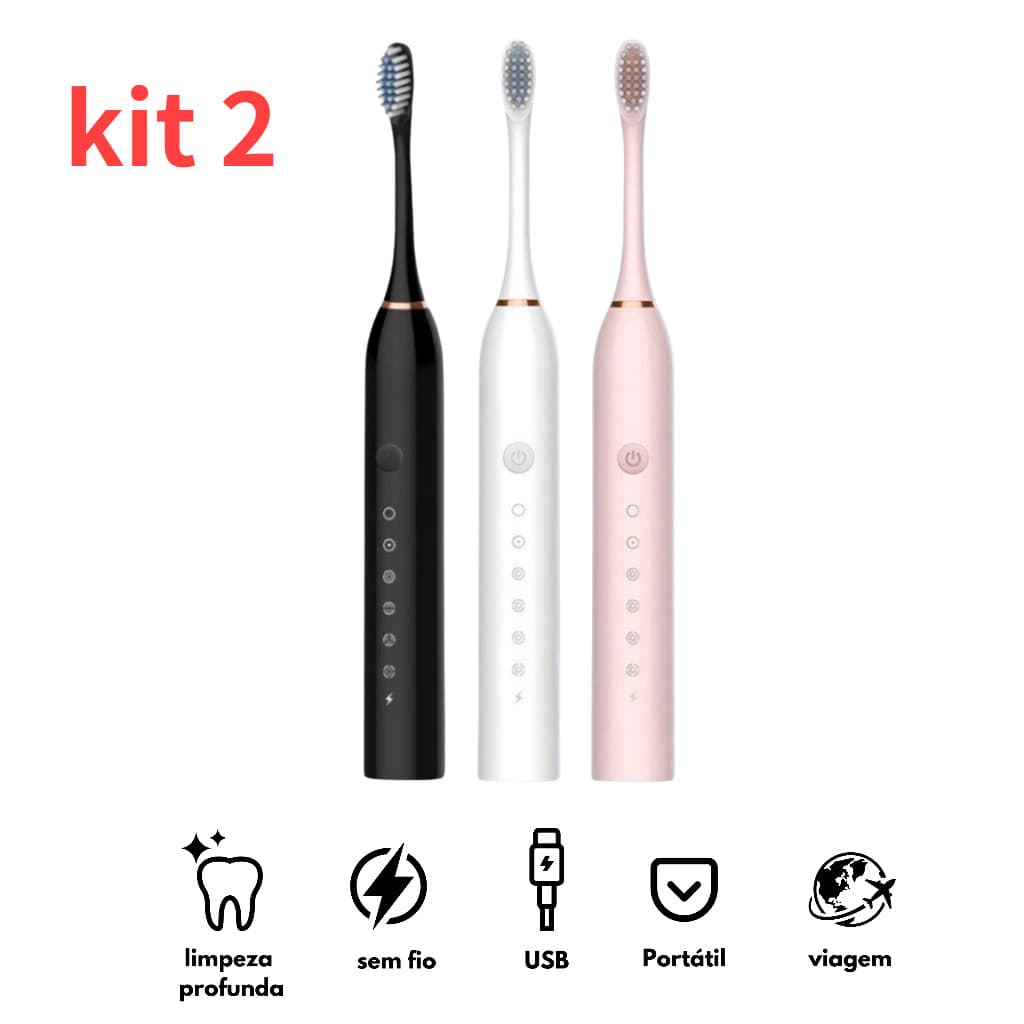 KIT 2 Escova Dental Elétrica  USB Carga 6 Engrenagem  À Prova D'água 4 Escovas Cabeças