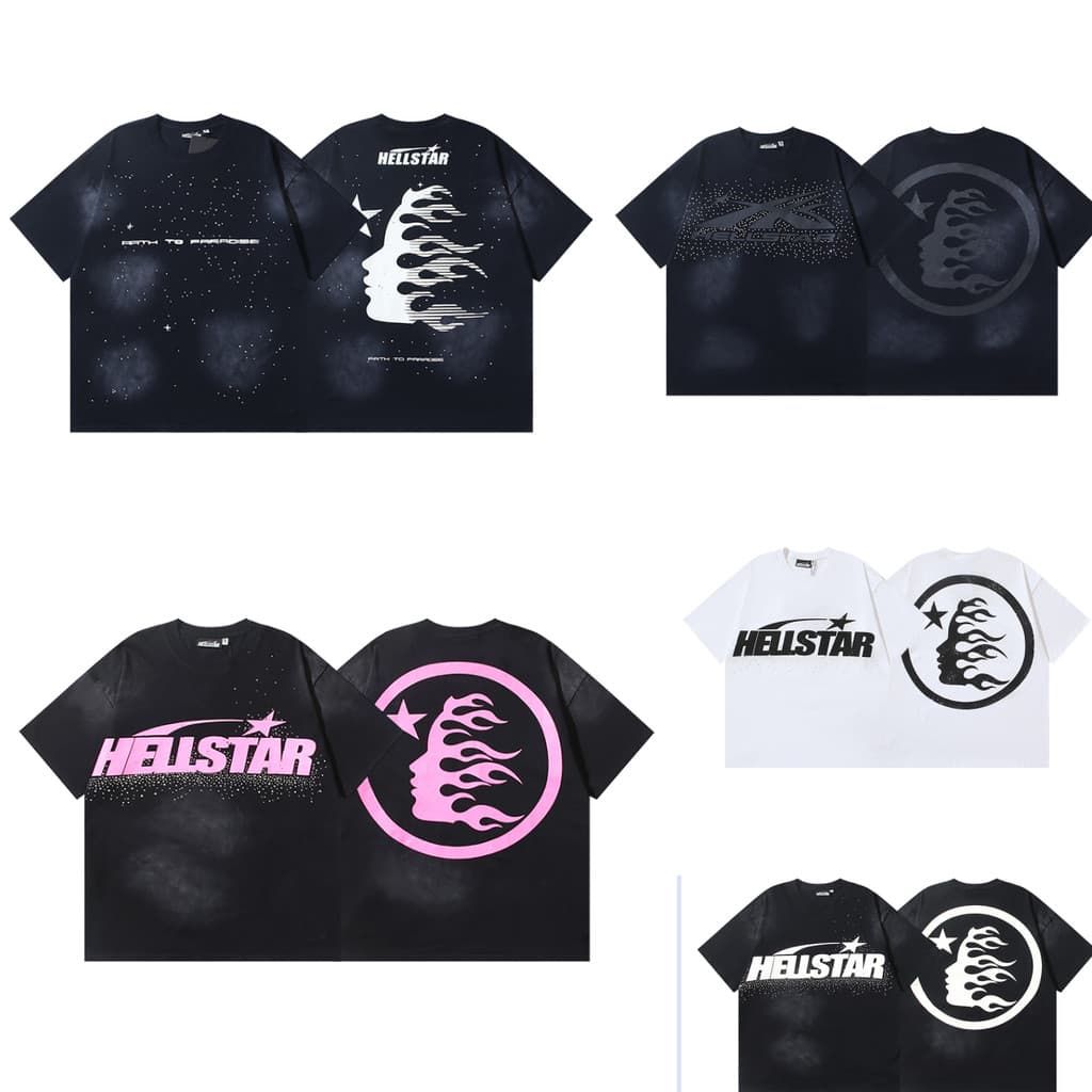 Hellstar American Street Manga Curta Carta Impressão Diamantes Estampando bling unissex Camiseta