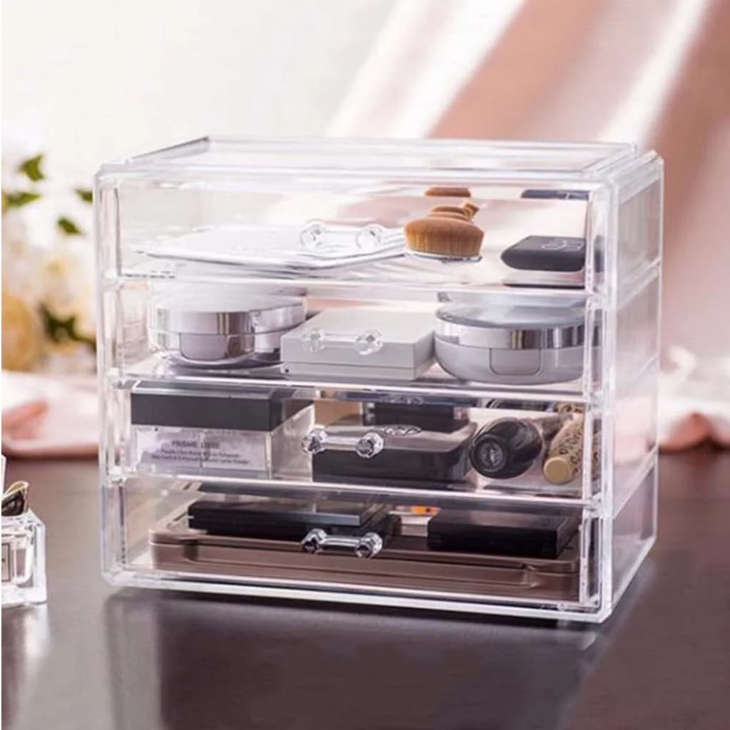 Kit 2 Porta Maquiagem Pinceis Joias Pulseiras Aneis 4 Gavetas em Acrilico Organizador