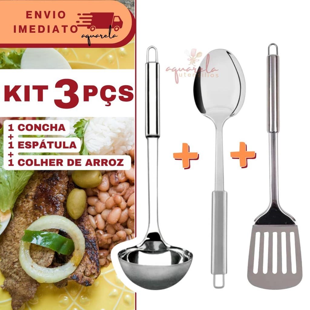 Kit 3 Peças Utilidades INOX para Cozinha Espatula Colher de Arroz e Concha Comida Cozinha Feijão