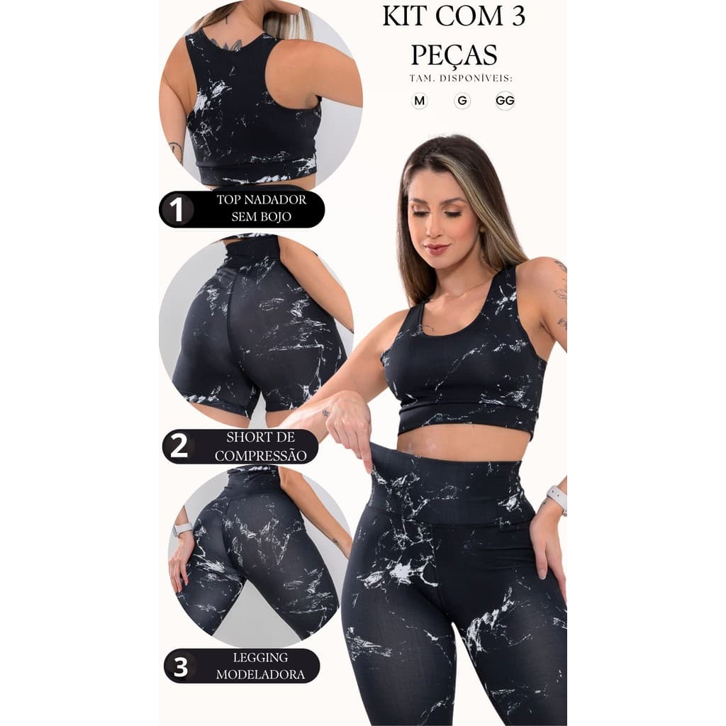 Conjunto 3 peças Treino Top Short e calça legging Marmorizado feminino Academia