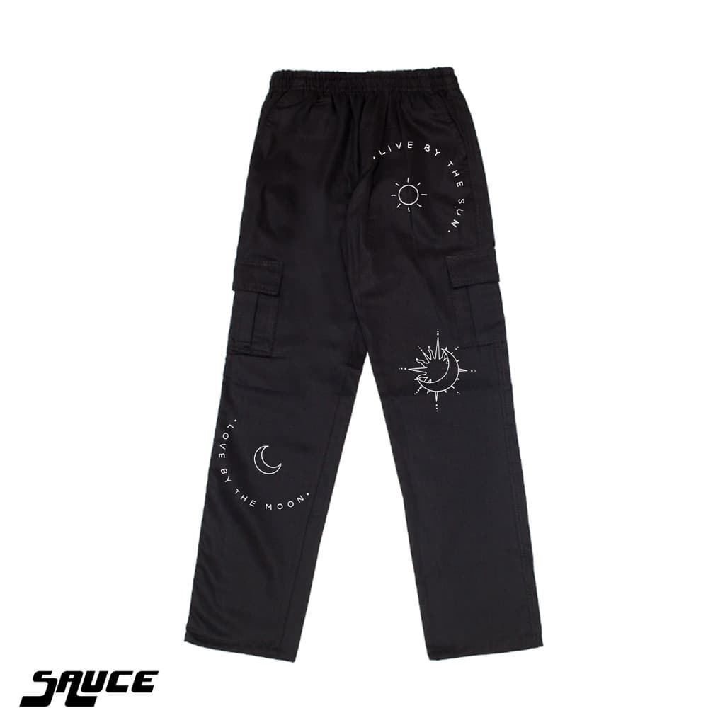 Calça Cargo Sol E Lua Frase Sarja Streetwear Unisex