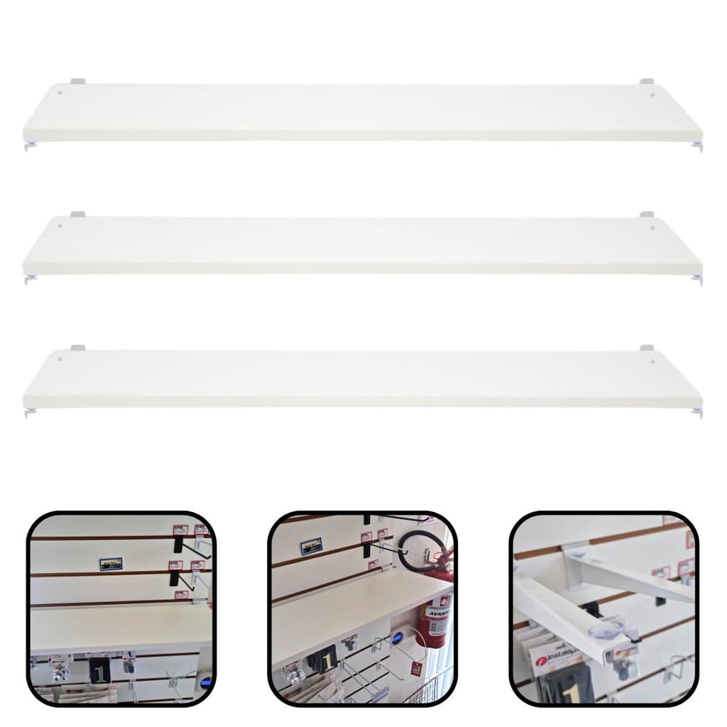 Kit 3 Prateleiras MDF Para Painel Canaletado 30x90cm Branco Com Suporte