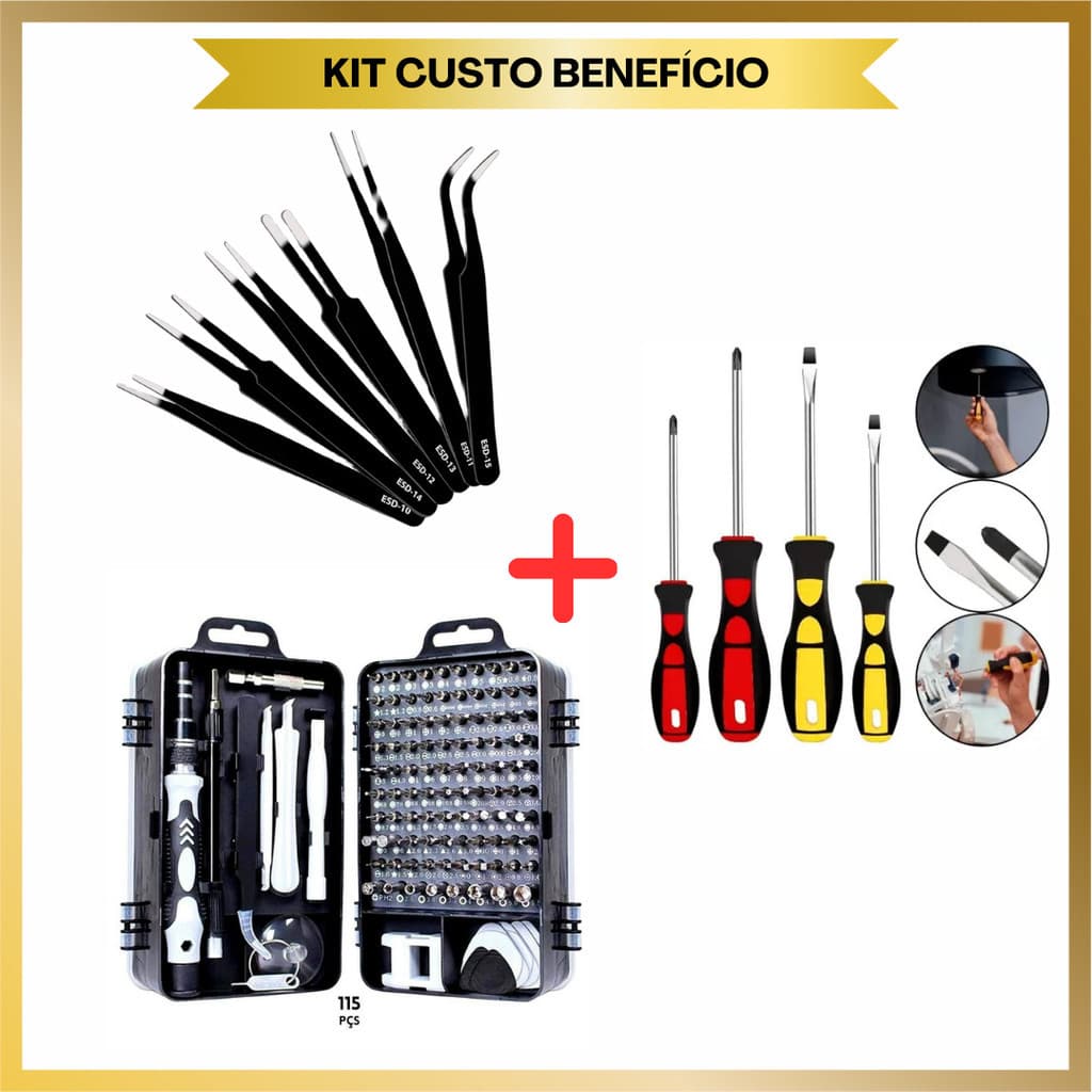 Kit Reparos de Eletrônicos (Chaves Precisão + Pinças + Fenda + Phillips) Multiuso Iamantada