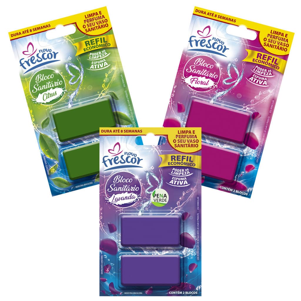 3 Un Refil Pastilha Com 2 Blocos Reposição 30g - Kit 6 Detergente Vaso Sanitário Odorizante Novo Frescor