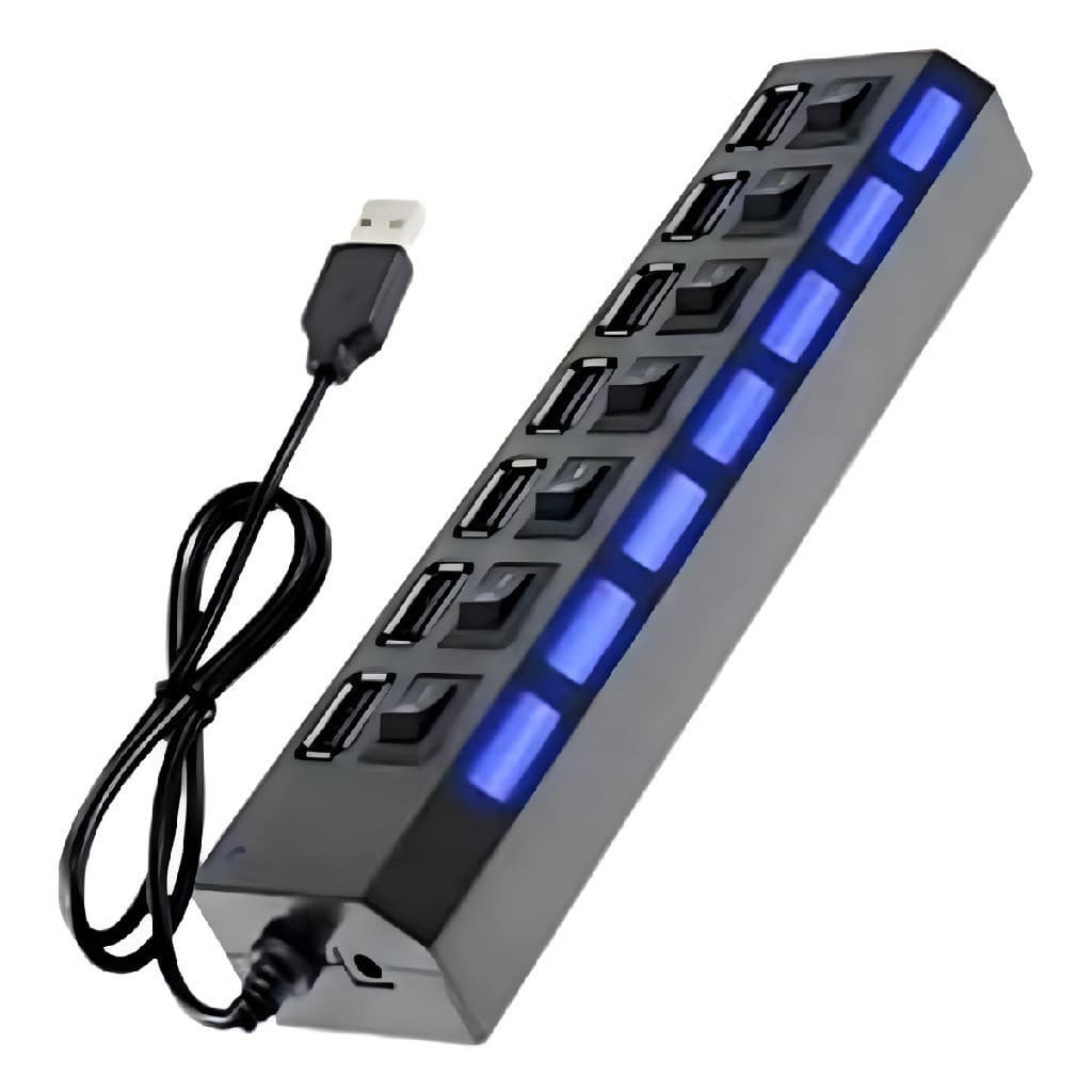 Hub Adaptador USB 2.0 7 Portas Multi Plug and Play HD Extensor Pen Drive Mouse Teclado Acessórios com Interruptor Liga Desliga LED Auxiliar Multiplicador