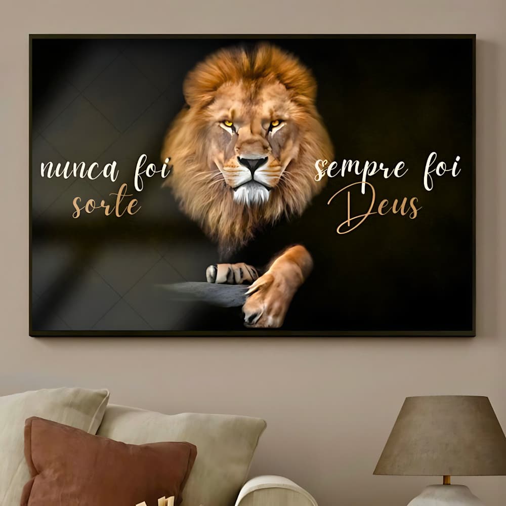 QUADRO TELA DECORATIVA LEÃO JUDÁ NUNCA FOI SORTE SEMPRE FOI DEUS 80X110 GRANDE 4K FULL HD PREMIUM