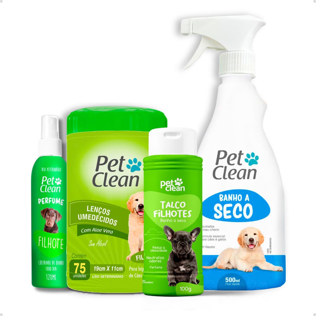 Kit Banho a Seco 500ml Pet Clean + Talco 100g + Lenço Umedecido 75un + Perfume 120ml Pet Clean