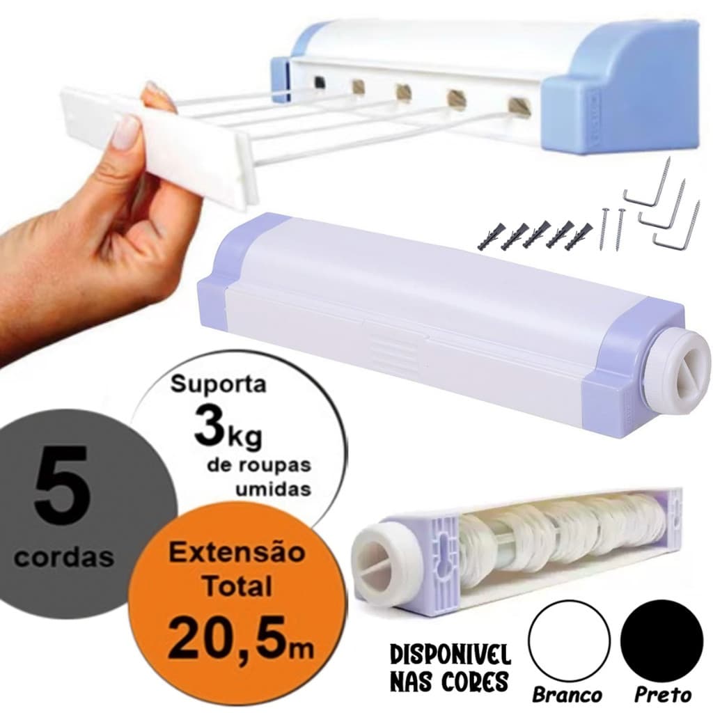Varal Retratil Parede Automatico 5 Cordas Portátil Extensível Rotoflex Secalux