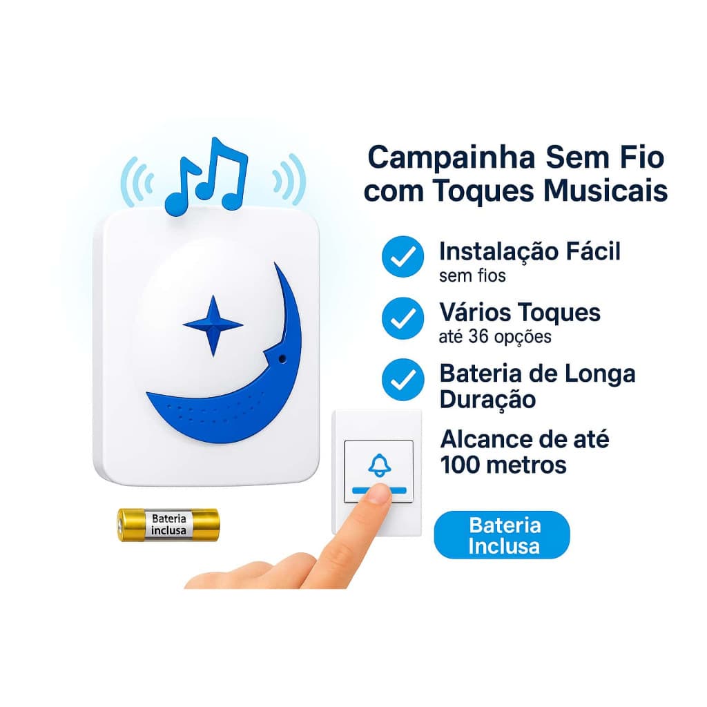 Campainha Sem Fio Recarregável com LED | Volume Alto, Fácil Instalação e Alcance p/ Casa e Apartamento