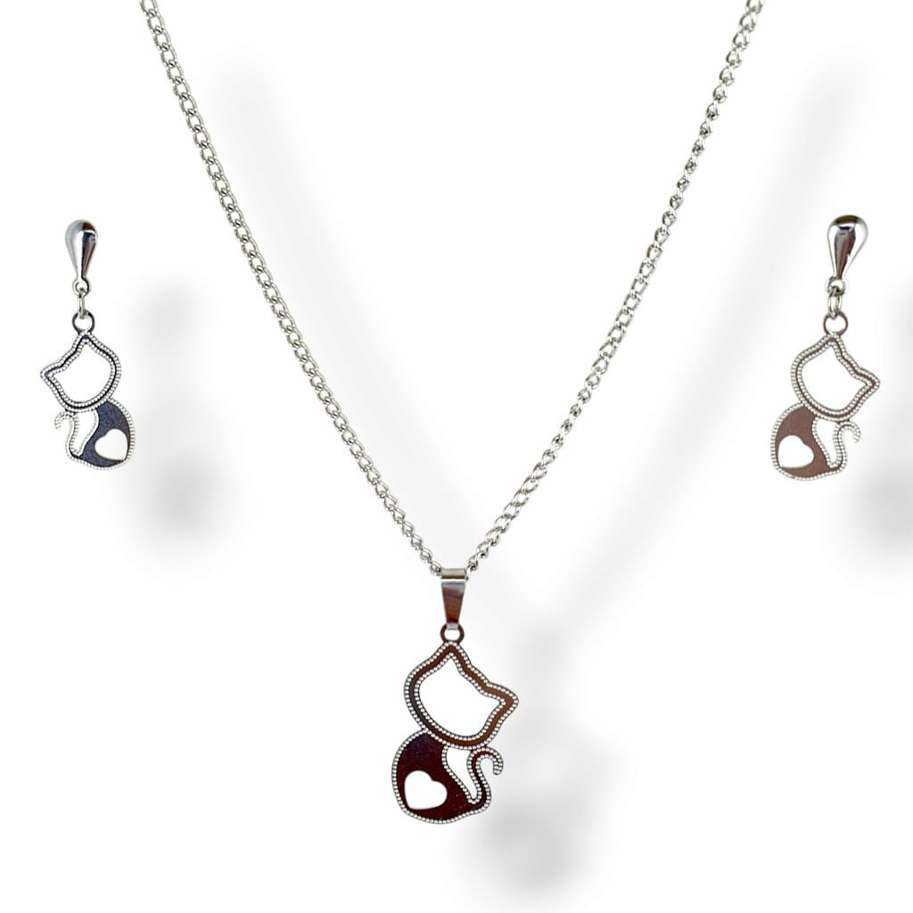 Conjunto Feminino Colar Par de Brincos Gatinho aço