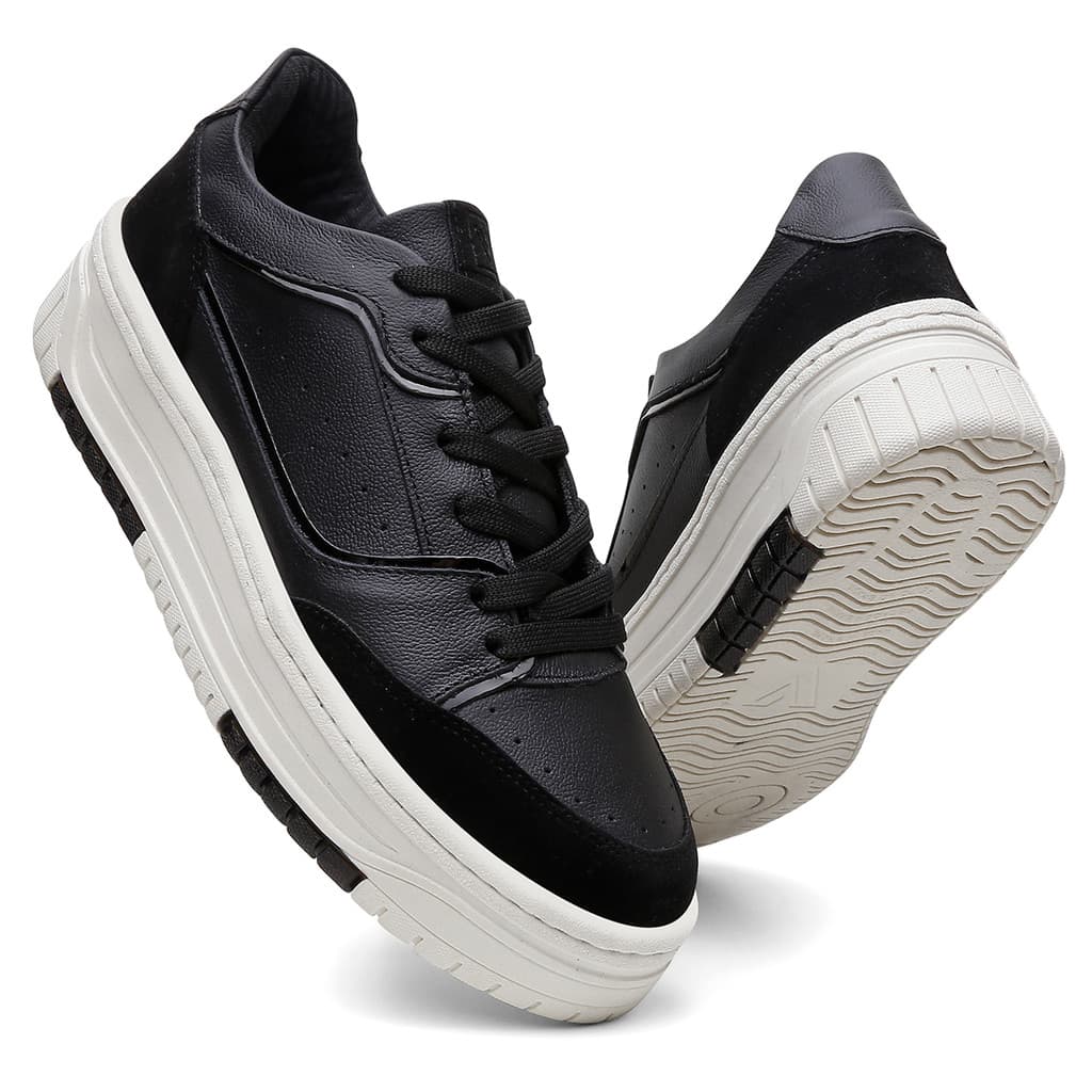 Tênis Feminino Vittal Couro Legítimo Aura Preto Solado Flatform Confort Versátil