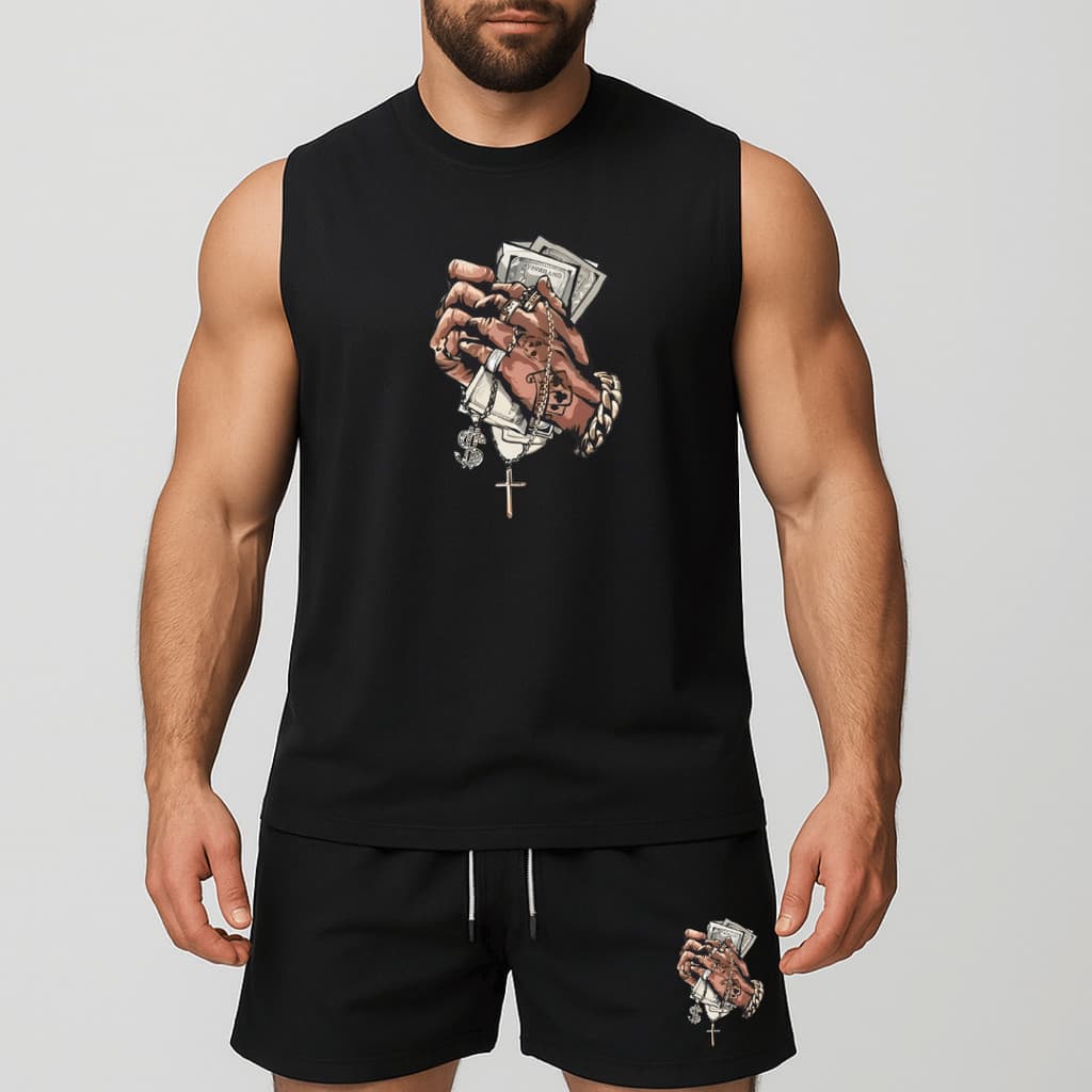 conjunto regata oversized e short de tactel de academia másculino estampada mão com dinheiro