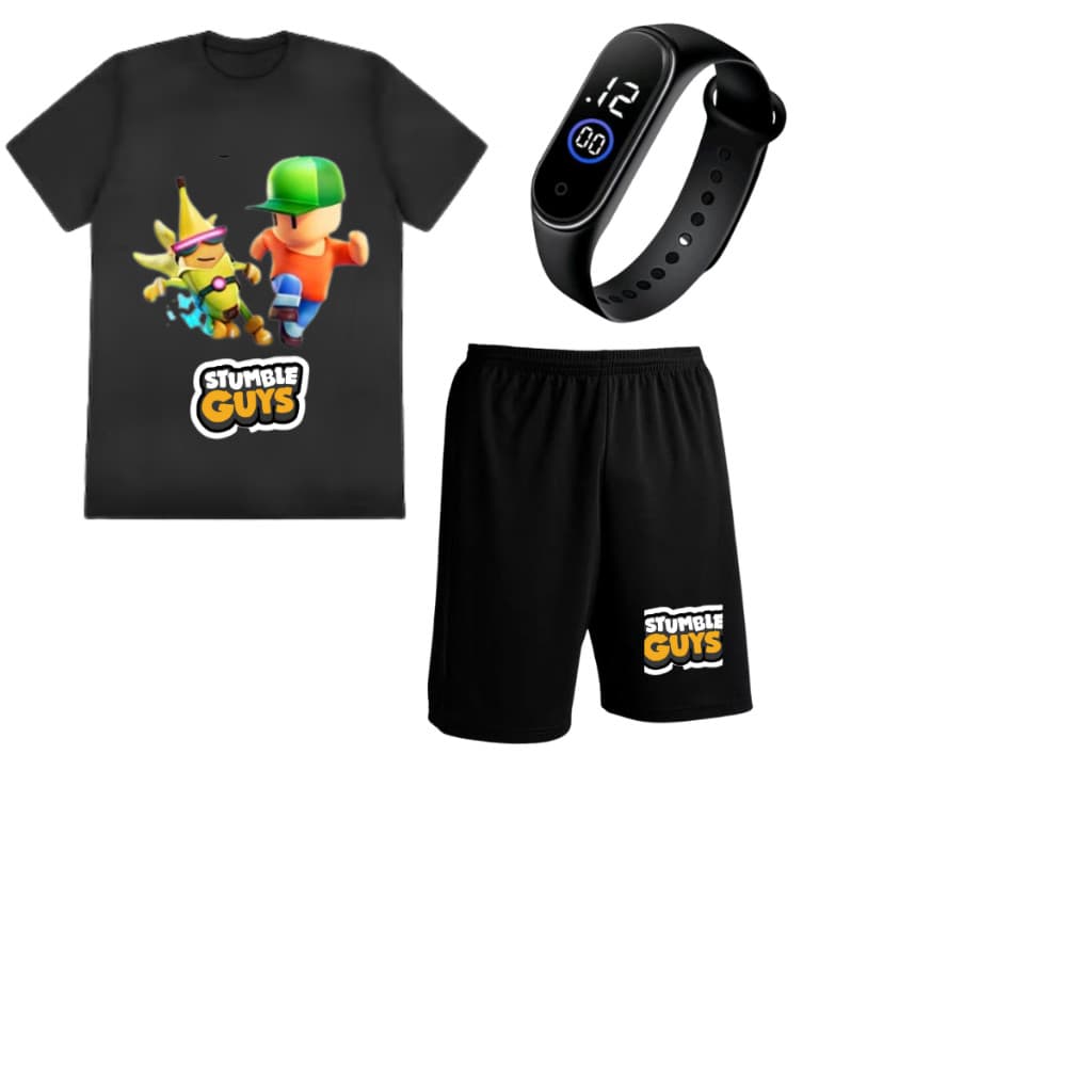 Camiseta + short +relógio Stumble Guys Meninos infantil e juventil 04 ao 16