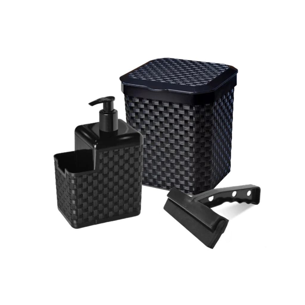 Kit Conjunto Cozinha de Pia 3 itens Preto  Lixeira 5 Litros + Porta Detergente Sabão + Rodinho