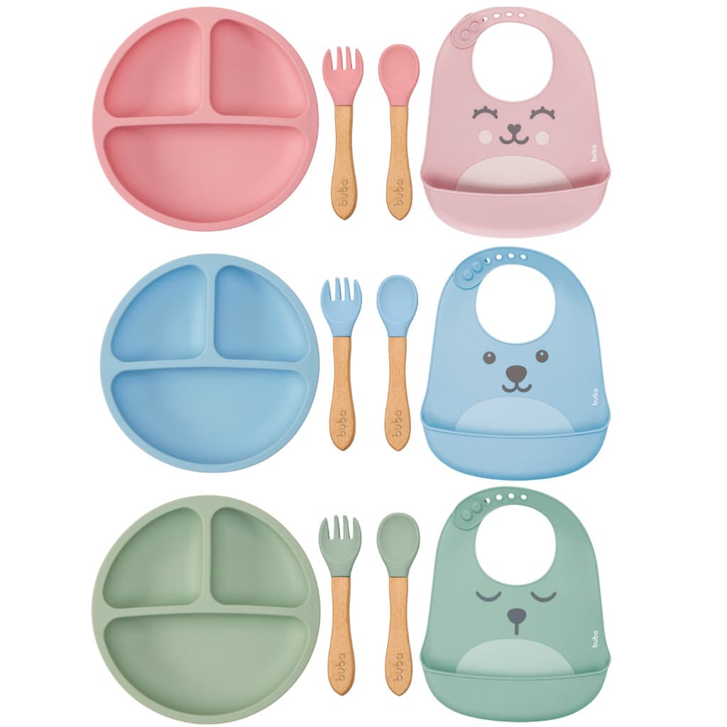Kit Introdução Alimentar Silicone Buba 4 Peças Prato Ventosa Divisória + Babador + Kit Talher Bambu