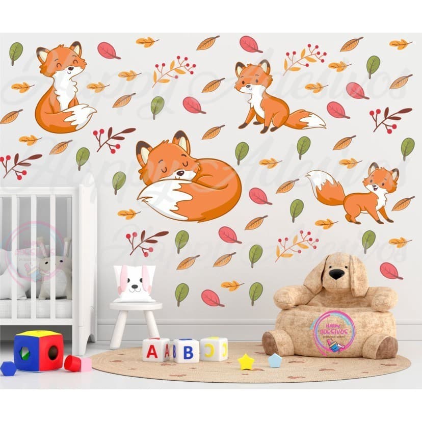 Adesivo Decorativo Quarto Infantil Raposa Folhas Plantas Menino Menina Decoração Colante DCM