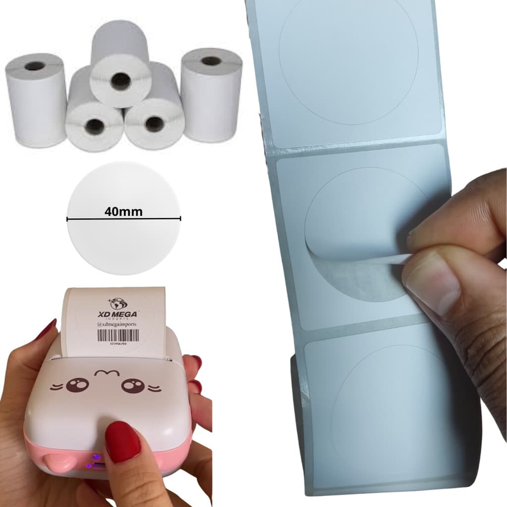 5 Rolo Etiqueta Adesiva Redonda 40x40 para mini impressora gatinho Peripage A6 e outras