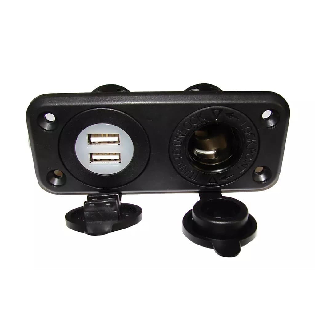 Painel Duplo USB 5V 3.1A + Tomada 12/24V C/ Tampa Protetora