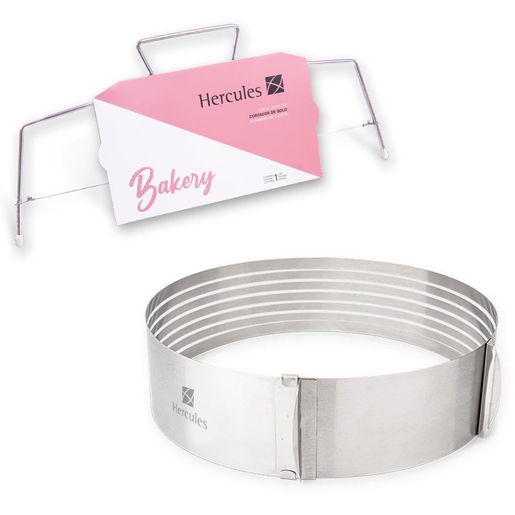 Kit Aro Fatiador e 1 Nivelador Cortador Hercules Bakery Inox Utensílios Bolos Profissional Domestica