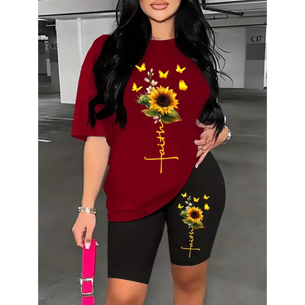 conjunto camiseta e Shorts Leggings feminino flores e bolbole Cintura Alta Bermuda Meia Coxa Fitness zero transparência