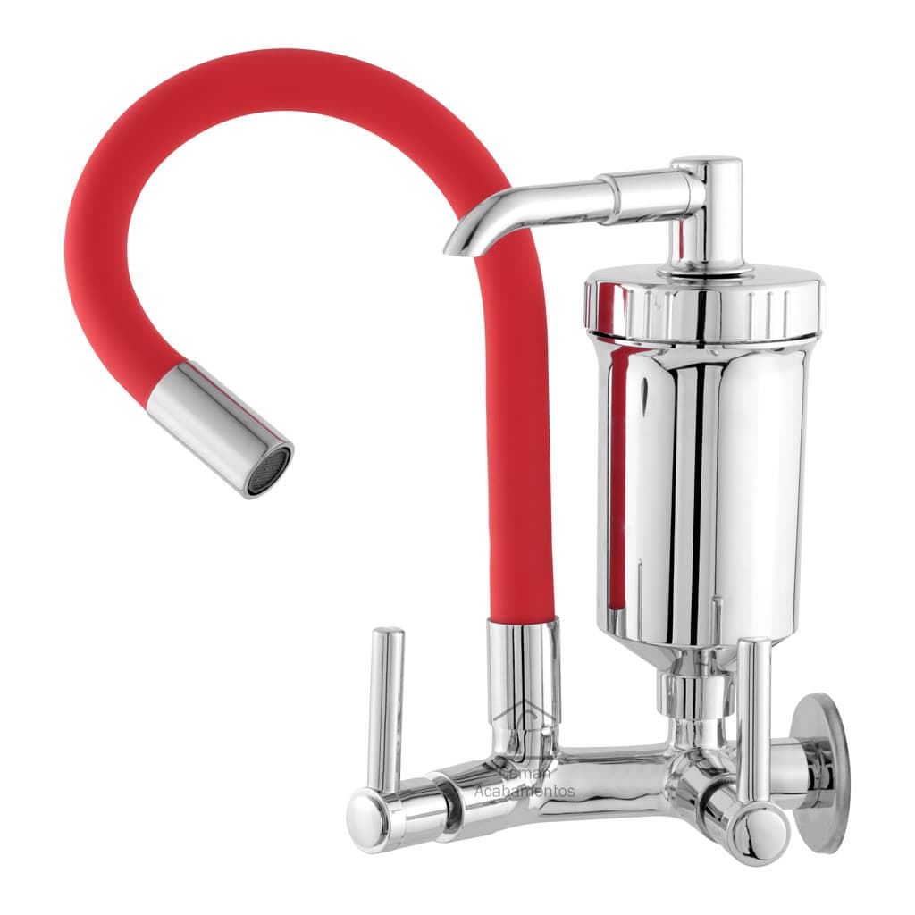 Torneira Cozinha Parede Com Filtro Metal Flexível Vermelho