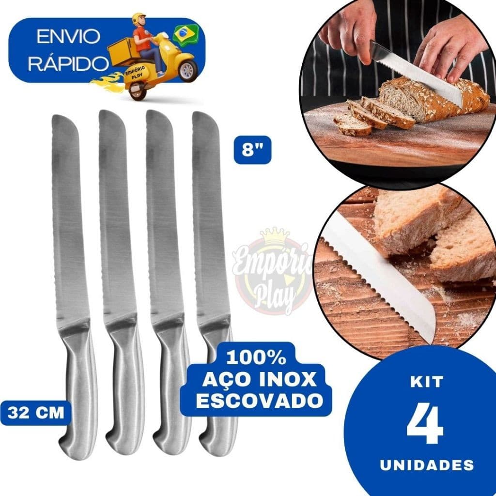 Kit 4 Faca profissional de Pão Bolo Torta Cucas Serra Serrilha Cabo Aço Inox Escovado Cozinha 8"