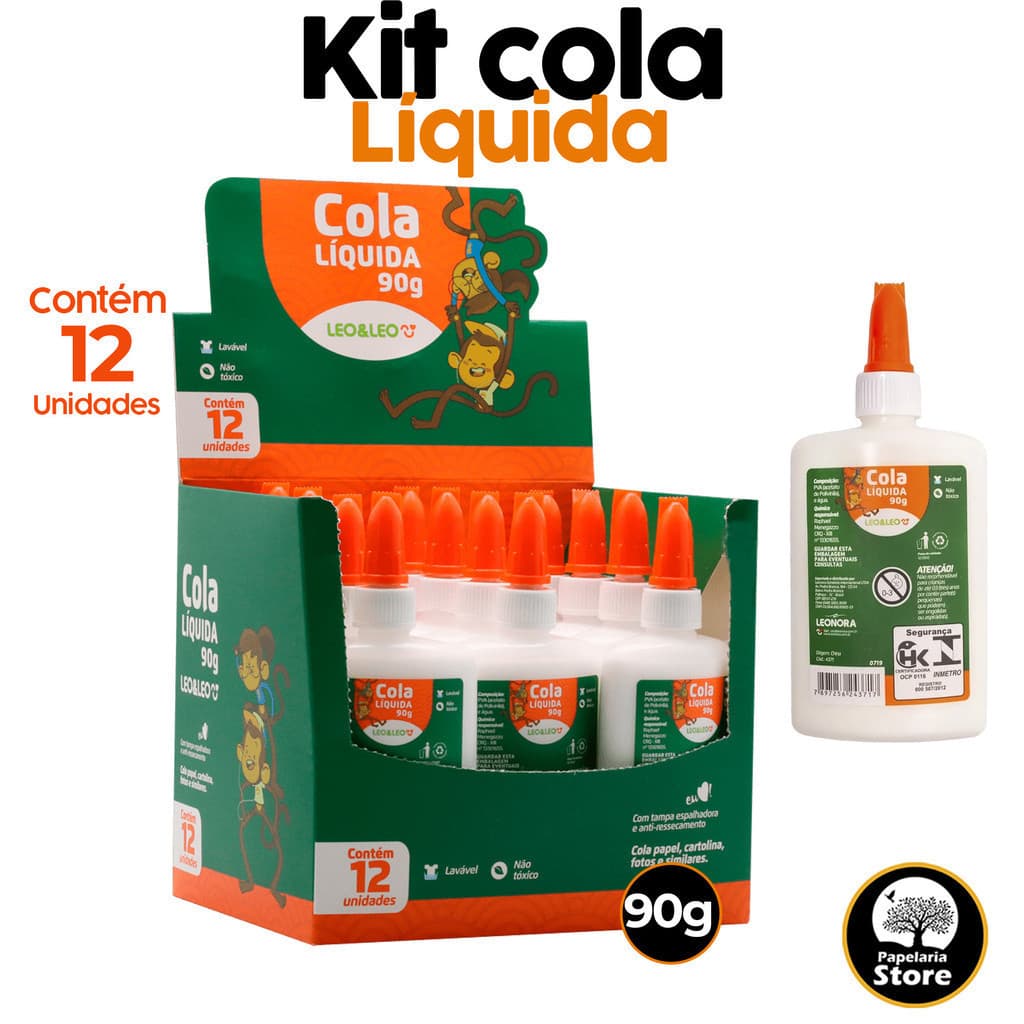 Kit 12 Cola Líquida de 90g Escolar Branca Atóxica Leo Leo Atacado 12 Unidades