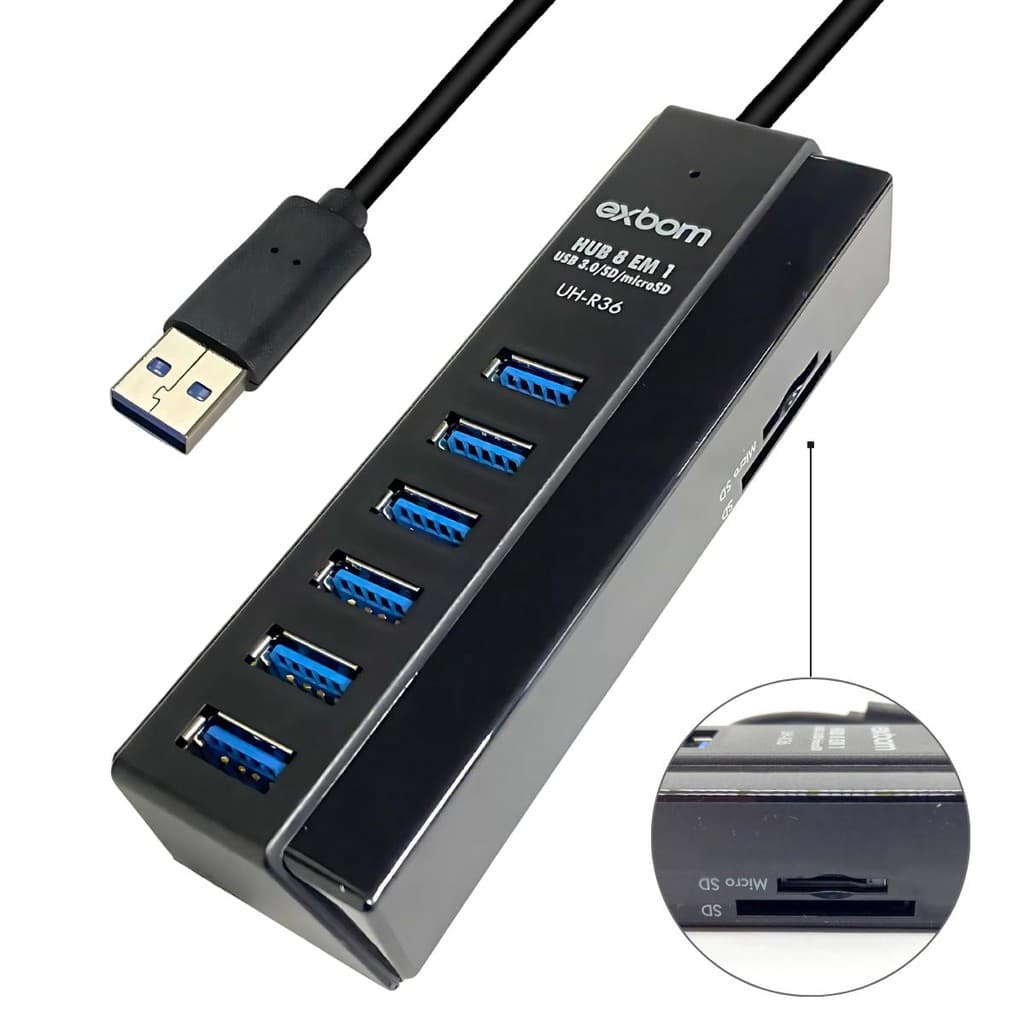 Hub USB 3.0 8 em 1 Exbom com 6 Portas Leitor Cartão SD Micro SD Alta Velocidade Adaptador